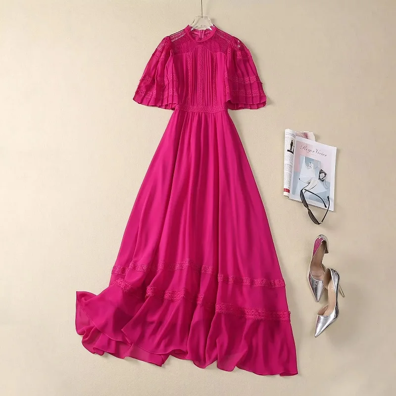 XXL Elegant Party Evening Dress 2024 Summer Style Luxury Ladies Sexy Lace Patchwork Short Sleeve Long Black Pink Maxi Dress Prom