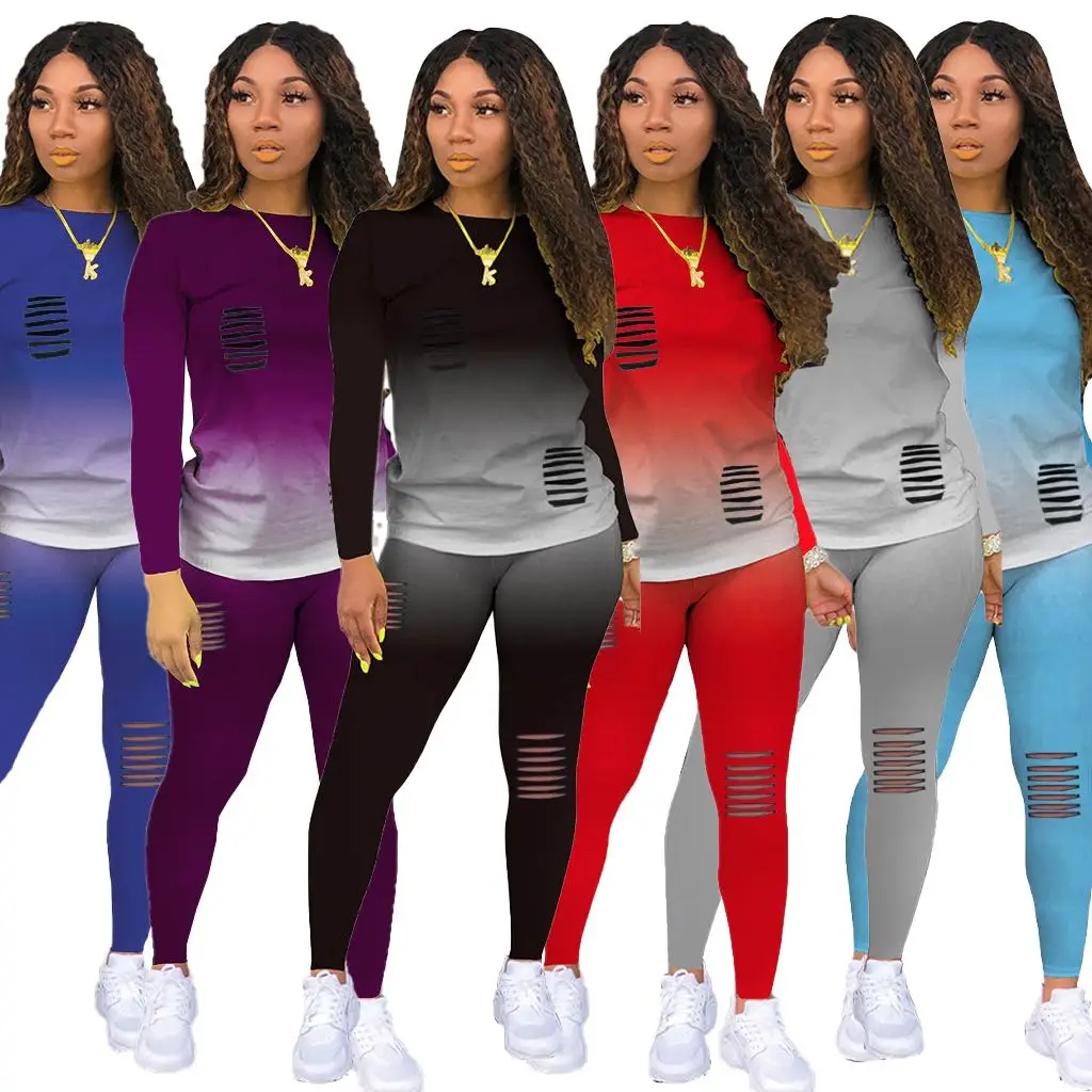 
Wholesale Fall Two Piece Set Women Clothing Tie Dye Casual Long Sleeve T-Shirts Pants Set Jumpsuit Sweatpants Jogger 