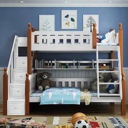 Full solid wood 1.35 1.5 bunk bed for kids with storage cabinet and ladder wooden furniture designs