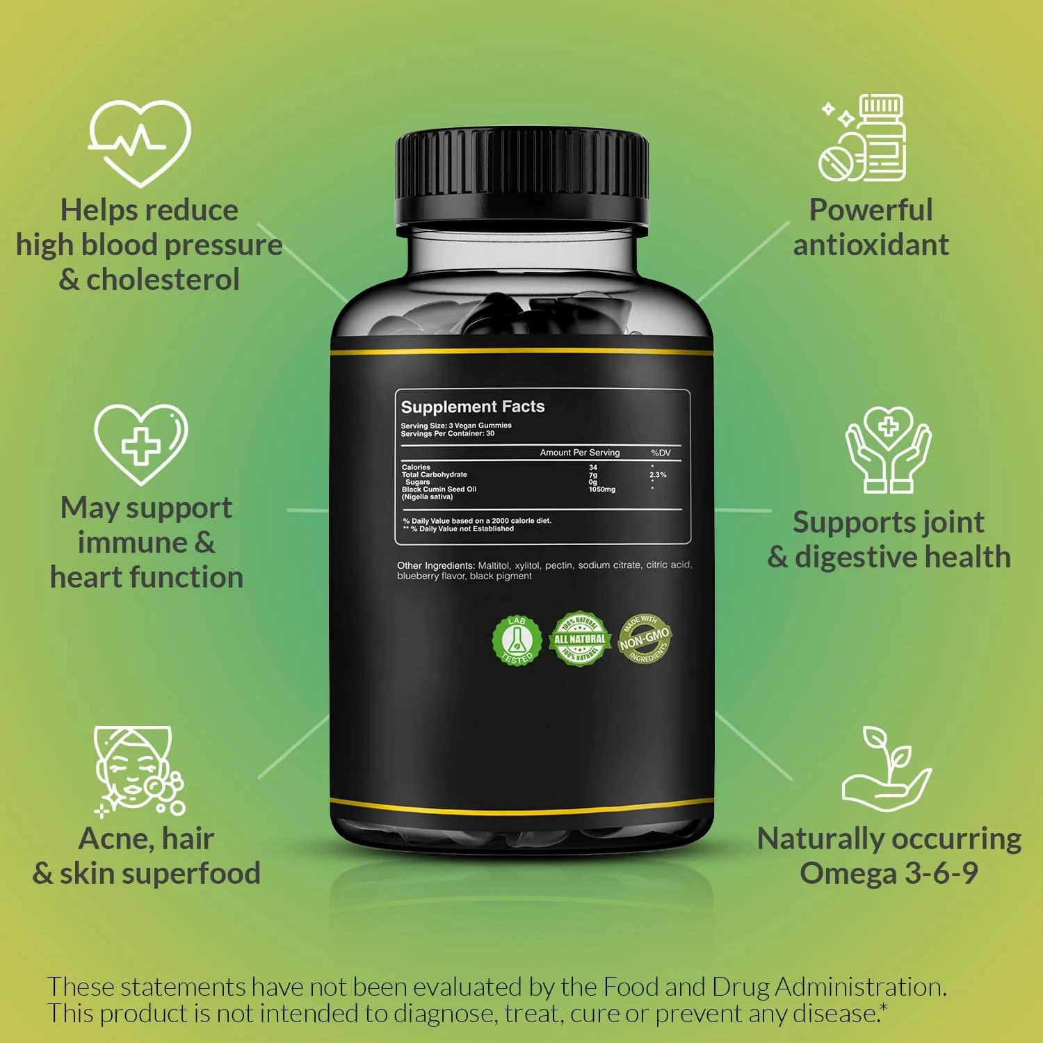 Organic Black Cumin Seed Oil Gummies Nigella Sativa Supplement with Omega 3 6 9 Fatty Acids Support for  Weight Management