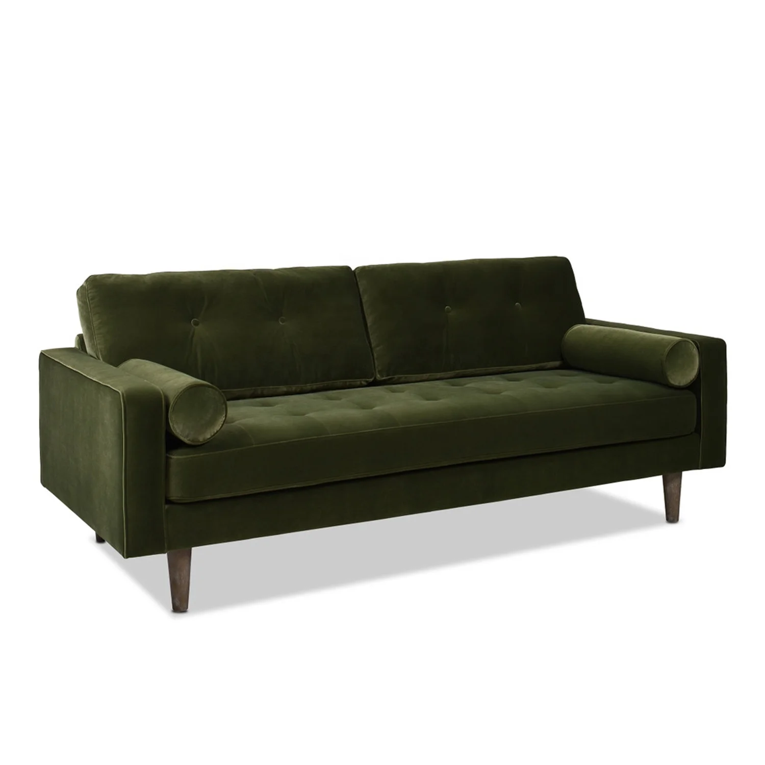 Mid-Century Modern Design Wooden Frame Green Velvet Fabric Square Tufted Seat Living Room Loveseat Sofa