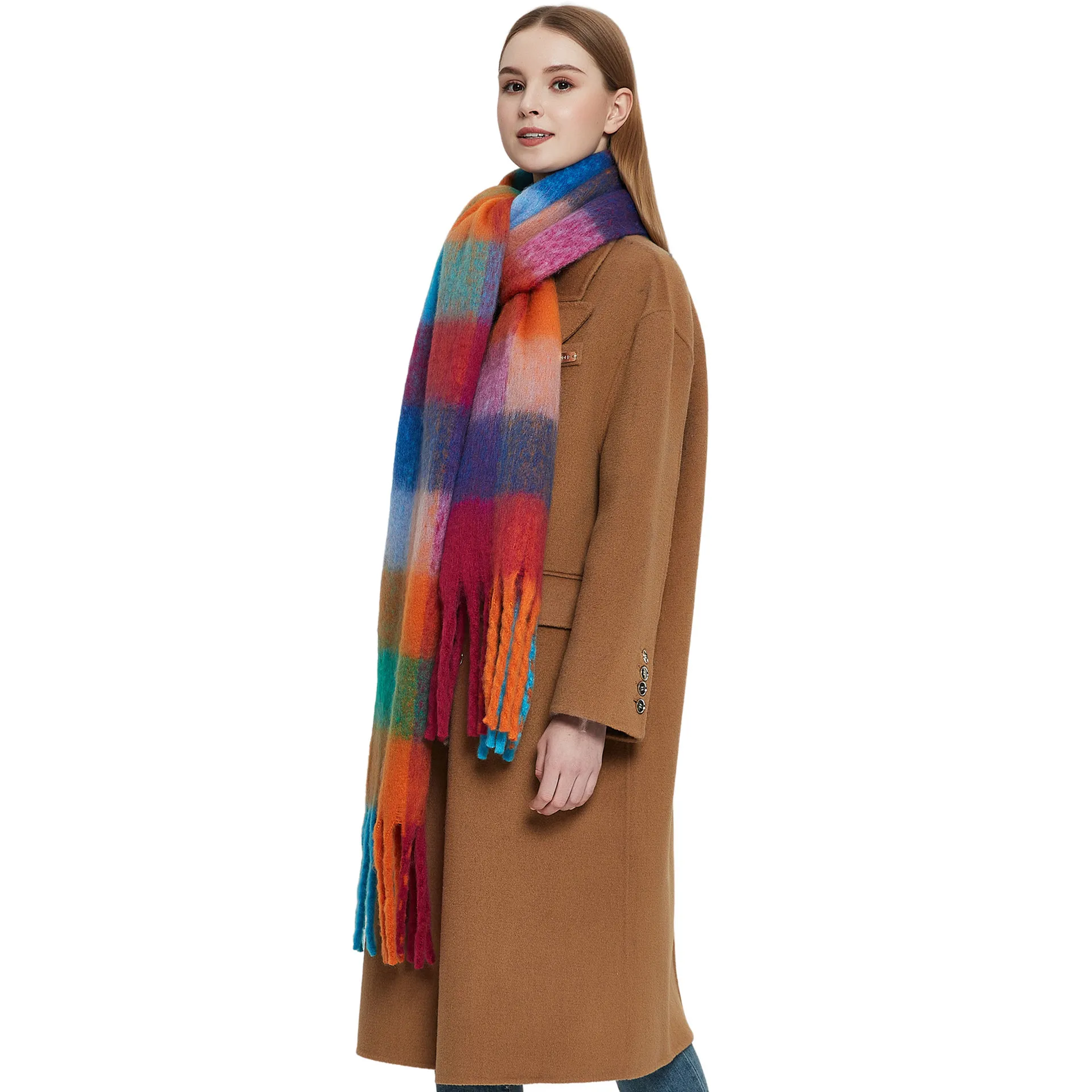 Custom Winter new fashion loop yarn thickened shawl mohair thick whisker colorful grid scarf for women luxury