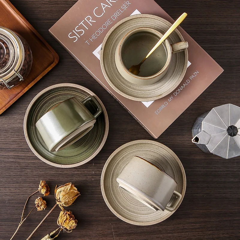 255ml Japanese style Creamic Coffee Mug Handmade Retro Porcelain Breakfast Cup Hand Punch Coffee Cup And Saucer Gift Set