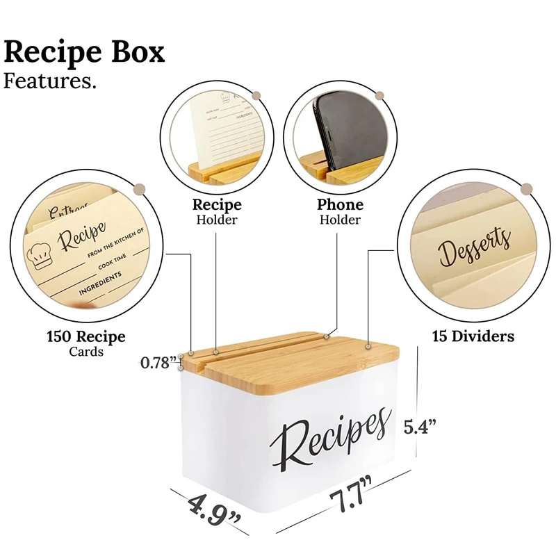 Metal Recipe Box With Cards and Dividers - White Metal Body, Wooden Lid with Phone Holder and Recipe Card Holder