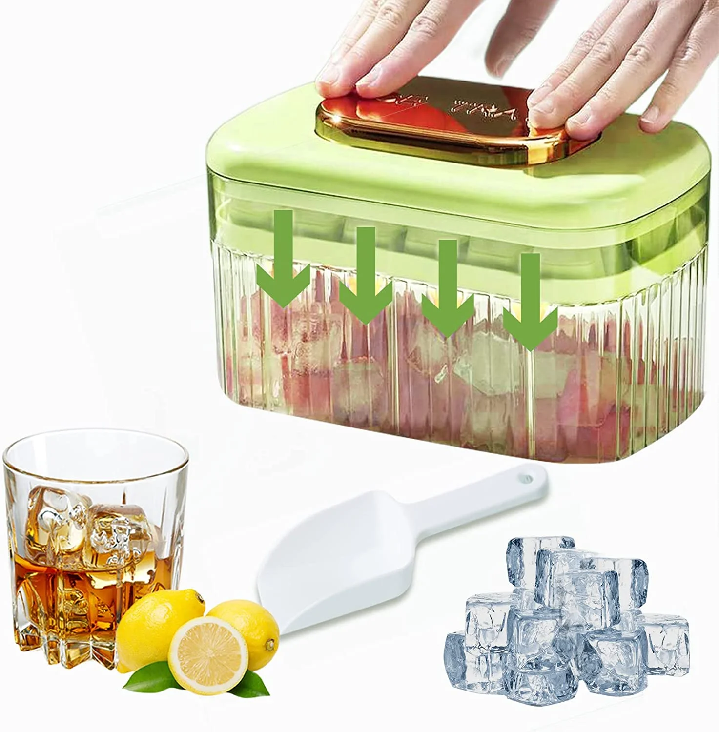 Silicone Ice Cube Tray for Freezer with Lid and Bin 24 Nugget Ice Tray Box Storage Container with Cover Scoop Stackable