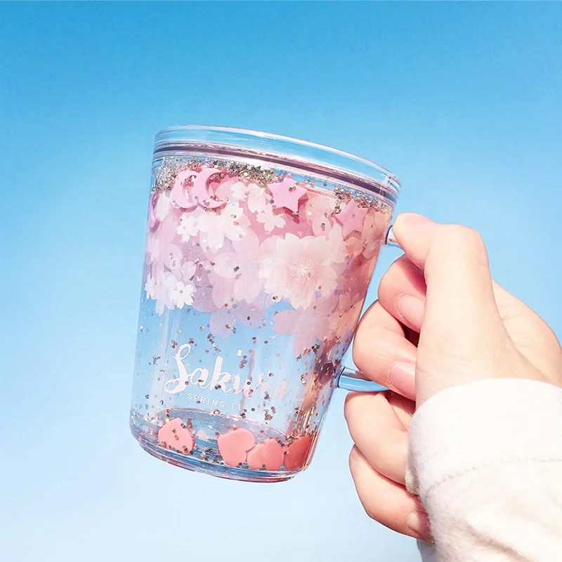 
Girlwill Sakura Double Wall Plastic Cup With Handles And Water Inside Tea Mugs Custom Logo Coffee Tumbler Bottles Wholesale 