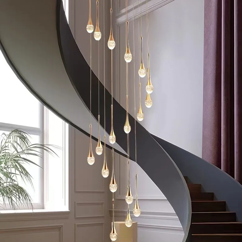 Long spiral crystal chandelier Golden bubble raindrop crystal chandelier Stairs Sloping ceiling Attic fixtures LED dimmable