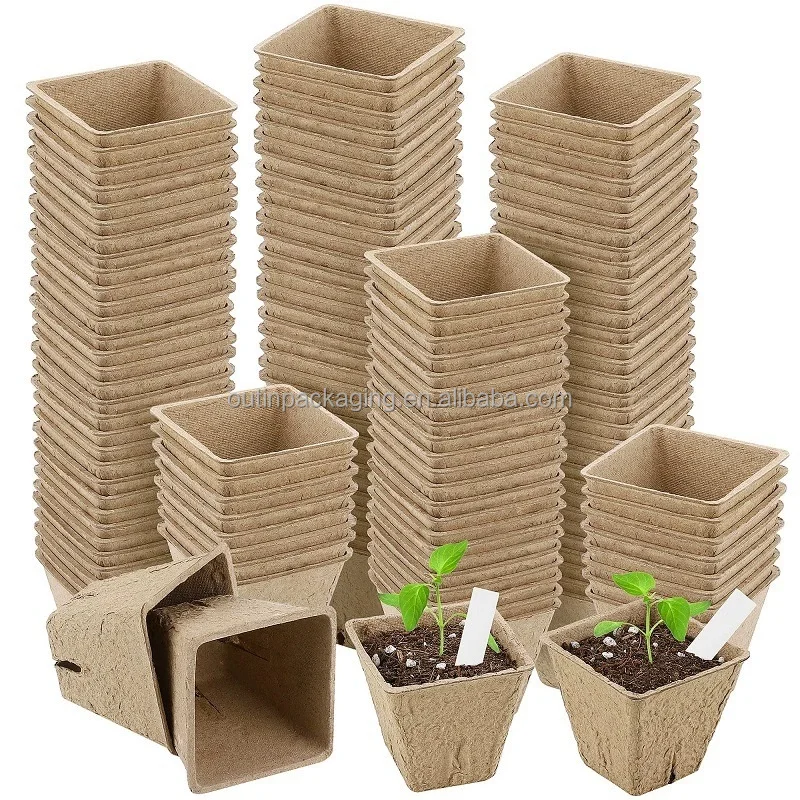 Square Fibre Pots Seed Starter Tray Kit Plant Seedling Nursery Cups Herb Seed Biodegradable paper pulp Seedling Pots