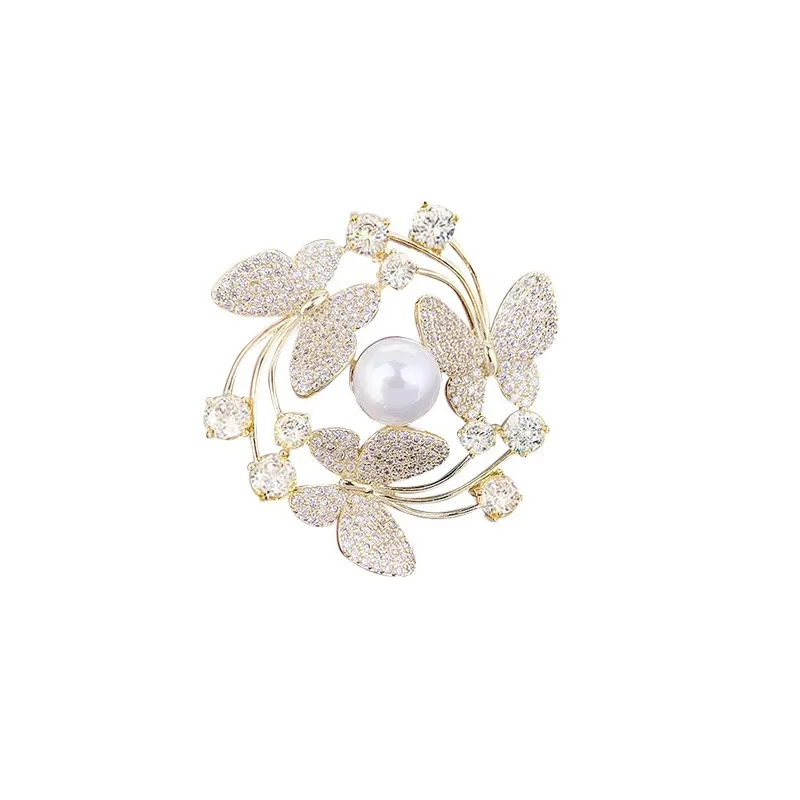 Luxury Full Zircon Rhinestone Brooch Pin for Women Simple Butterfly Sweater Brooch Women Pearl Gold Plated Brooch Jewelry