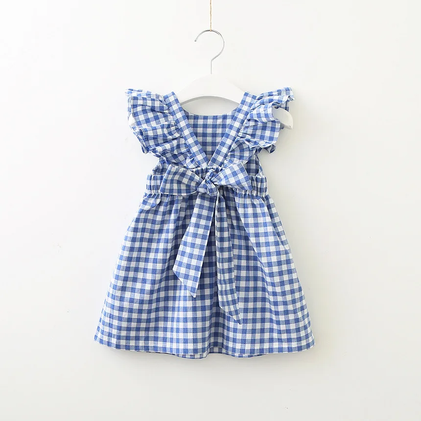 Children Summer Casual Wear Dress 100%Cotton Small Plaid Big Bow Kids Girls Backless Dress