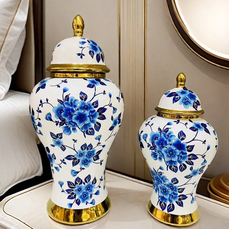 Classic Arabic Blue and White Living Room Corner Vase Ceramic Tall Modern Luxury Floor Lid Ginger Jars