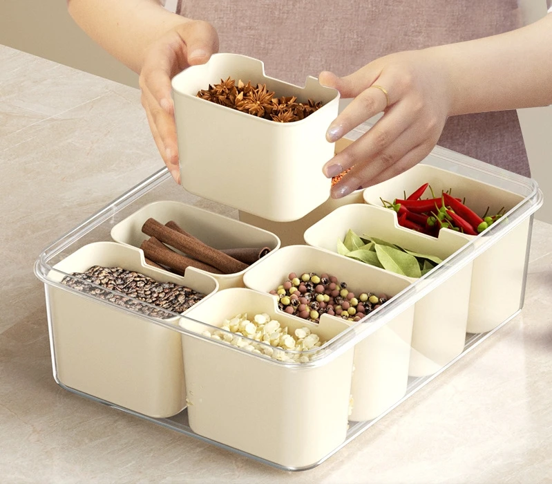 PP Plastic Dishwasher Safe 8 Dividers Serving Tray with Lid and Handle Portable Food Storage Organizer for Spices Fruit
