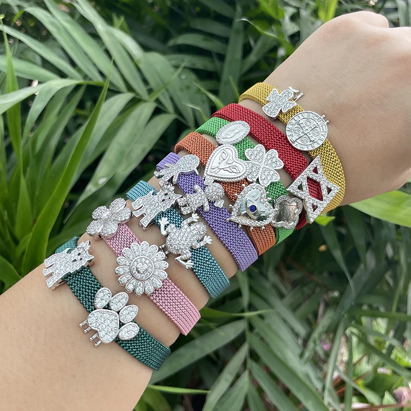 Stainless steel spring mesh bracelet with 925 sterling silver bead pendant charms inlaid coloful zircon stone wholesale charms