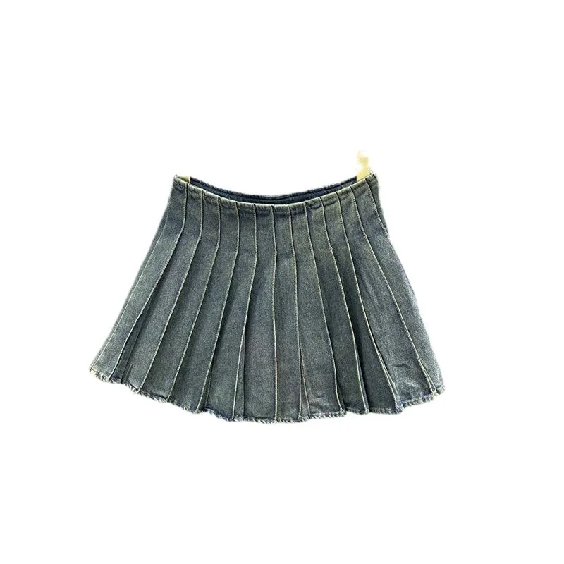 2024 Children Girl Blue Pleated Solid Denim Skirt 3-15 Years