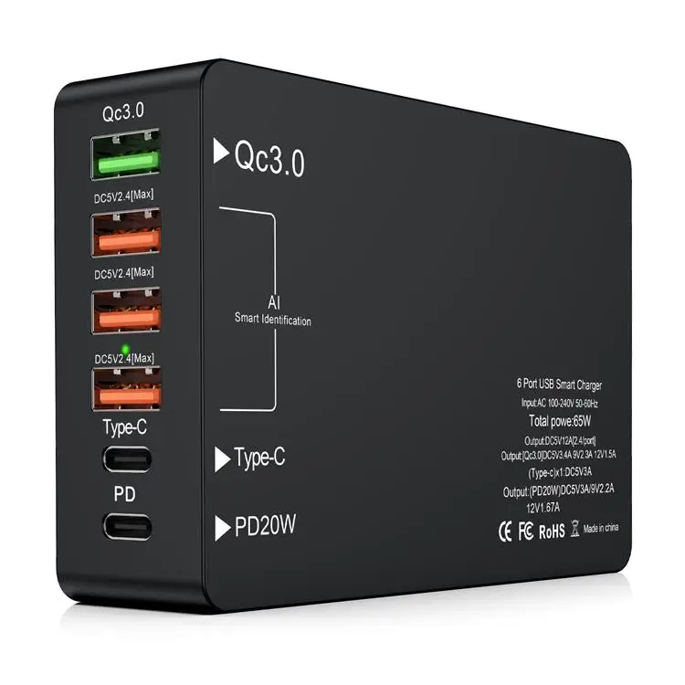 XXD новый дизайн многофункциональное быстрое зарядное устройство QC3.0 65 Вт Type-C лидер продаж на Amazon 6 портов PD