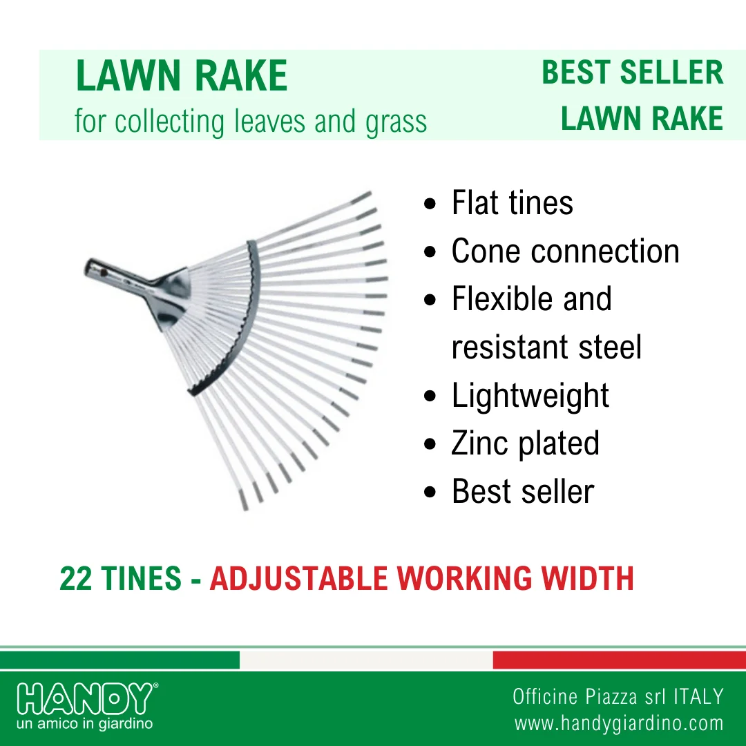 Italian Manufactured Galvanized Steel Lawn Rake 22 Tines Superior Quality Gardening Cleaning Wood Handle Long Landscaping