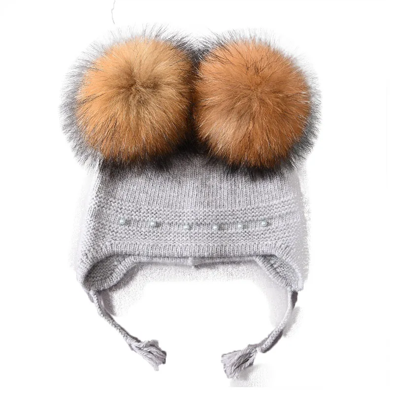 New Trendy Cashmere Big Fluffy Raccoon Fur Pom Winter Custom OEM Beanies Pompom Kids