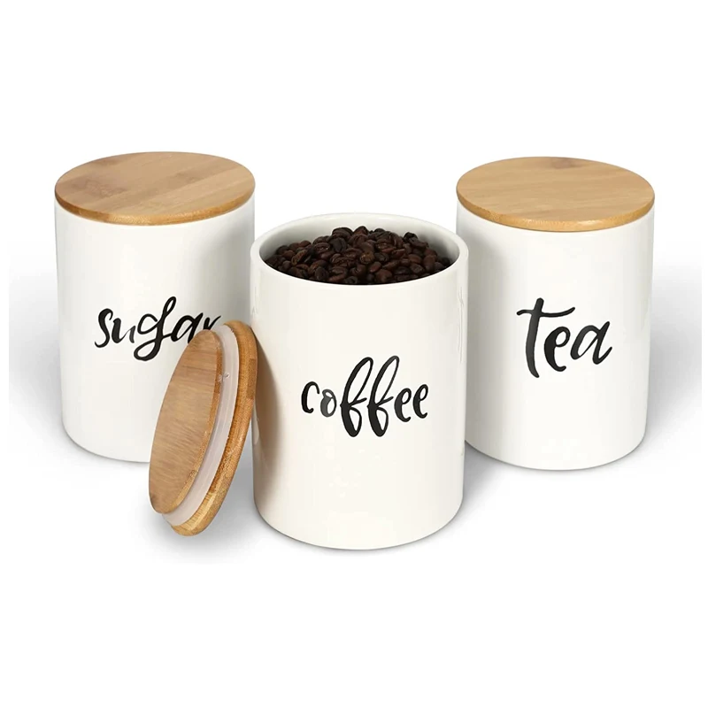 Kitchen Ceramic Canisters Set with Airtight Seal Bamboo Lid