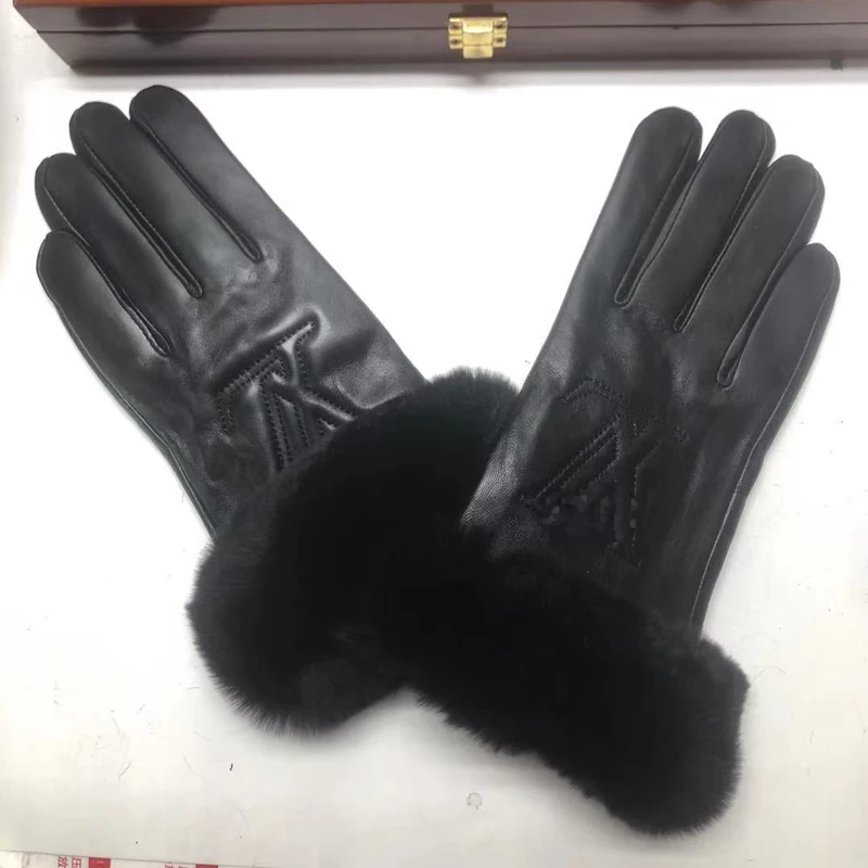 Fashion Ladies Sheep Leather Gloves Touch Screen Rex Rabbit Plush Brand Winter Warm Luxury Genuine Leather