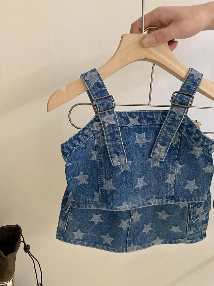 2024 New Summer Toddler Children Girl 2 pcs Sleeveless Outfit Set Cute Stars Print Crop Top + Skirt Denim Set 2-7 Years