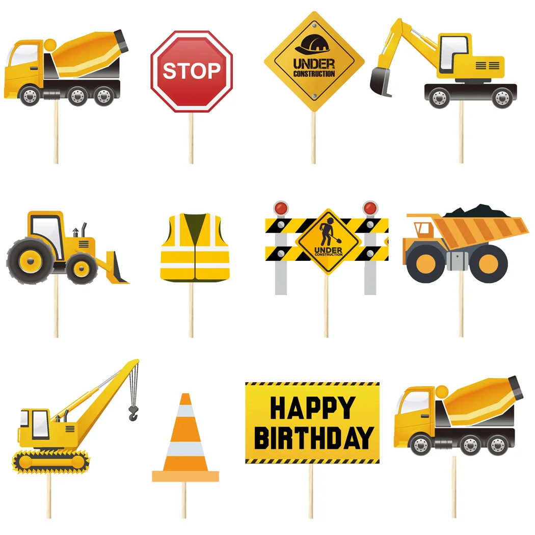 Construction vehicle excavator Cake Toppers for Boy`s Happy Birthday Party Cupcake Topper Fireman Plane Train Toppers