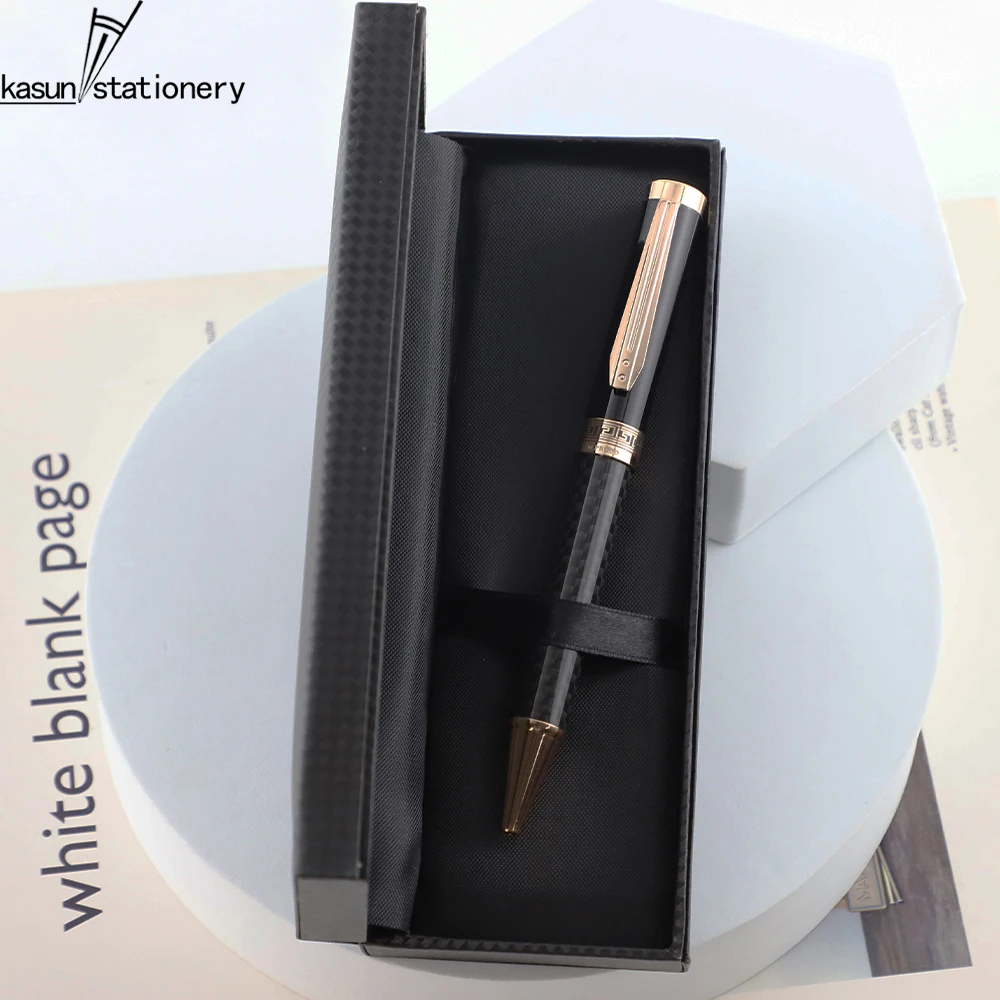 Heavy Luxury Rose Gold Metal Carbon Fiber Ball Point Pens with Engraved Pattern on the Middle For a VIP Gift