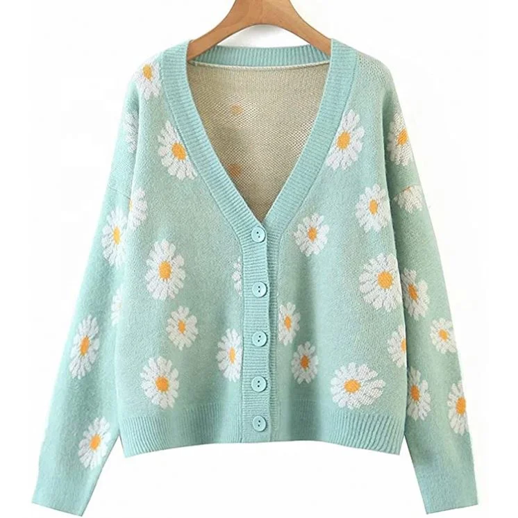 Wholesale Knit Oversized Cardigan Sweater Floral Jacquard Long Sleeve V Neck Button Down Vintage Outerwear Tops Clothing