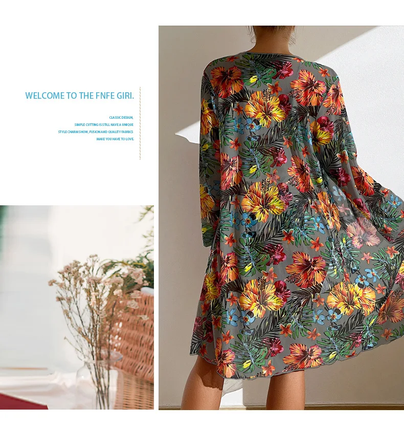 JSN9202103 2024  factory classical  floral print box bottom  bikini with long sleeves chiffon sarong for lady