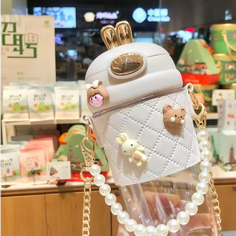 380ml/500ml Rabbit Ears Cute plastic water bottle with straw pearls metal chain strap Portable Kid Water Bottle