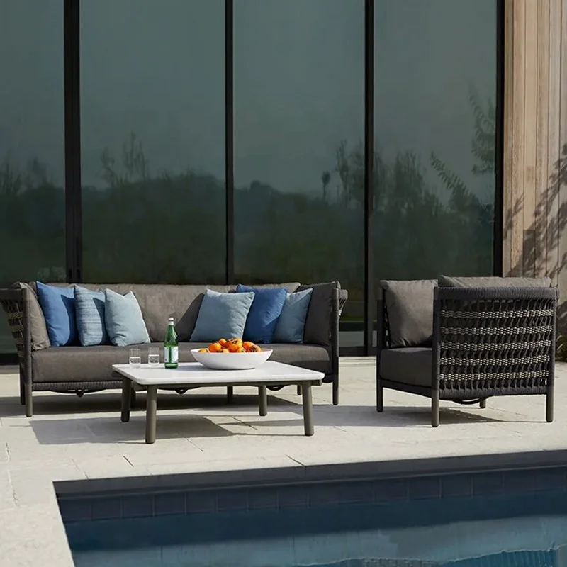 top quality luxury Aluminum outdoor garden furniture set for villa hand rope weaving pattern outdoor couch set patio sofa