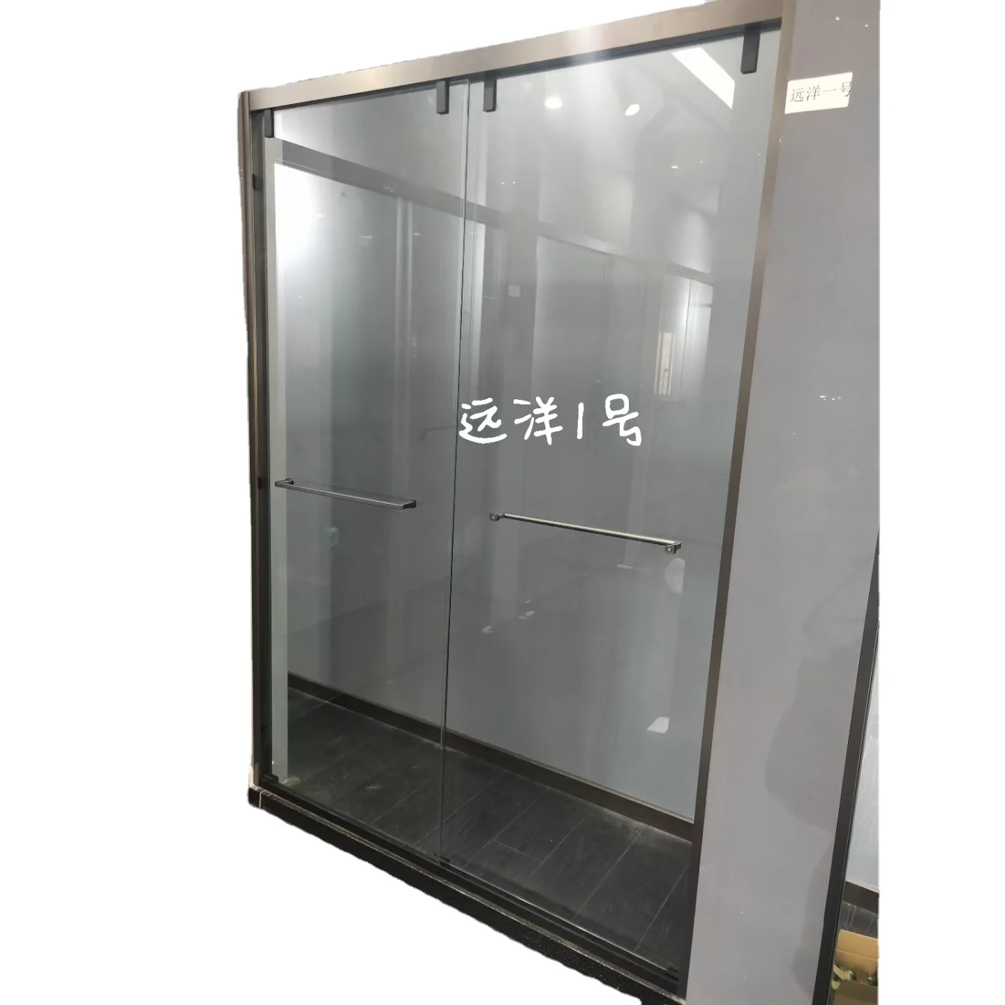 Gun grey stainless steel frame double tempered fiberglass set sliding shower door
