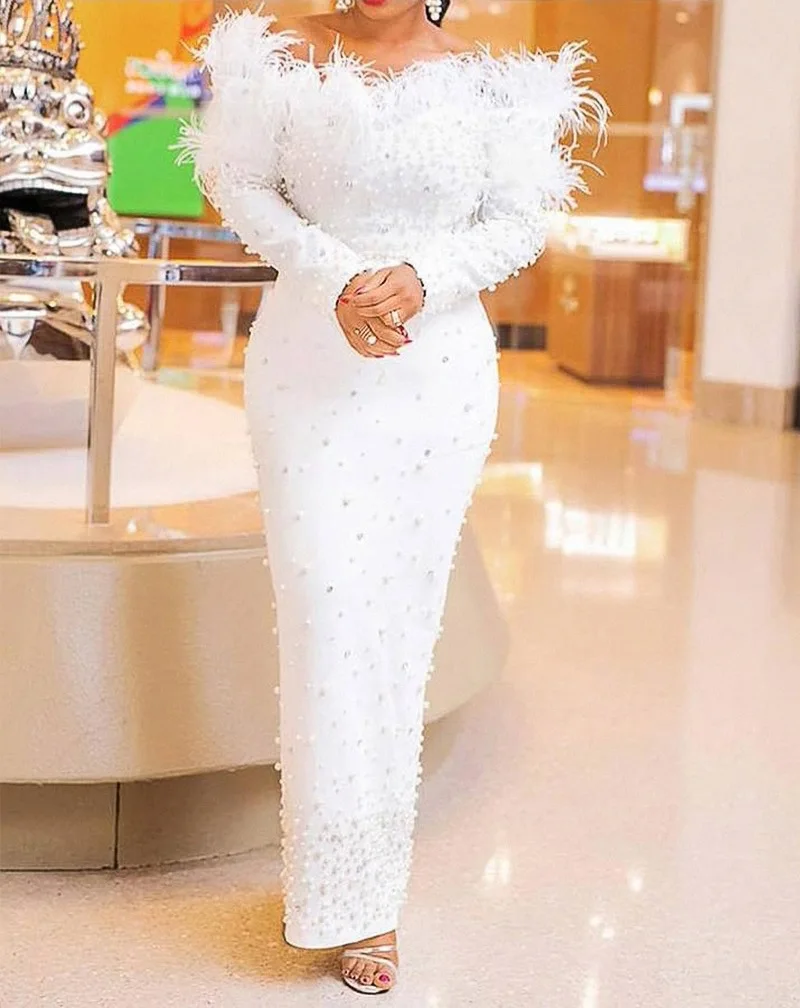 High Quality Long Sleeve Black White Beaded Dress with Feather Luxury Party Wedding Dresses