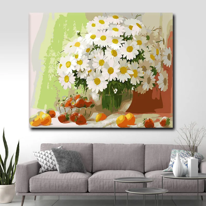China Factory Customize 40x50cm Daisy Vase Flower DIY Painting by Numbers for Adults Designs Coloring Canvas Oil Painting Kits
