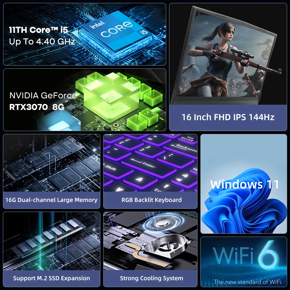 16 inch Gaming Laptop RTX 3070 8GB Intel Core i5 -11400 16GB RAM 512GB SSD WIFI6 IPS Window-s 10 Notebook Computer