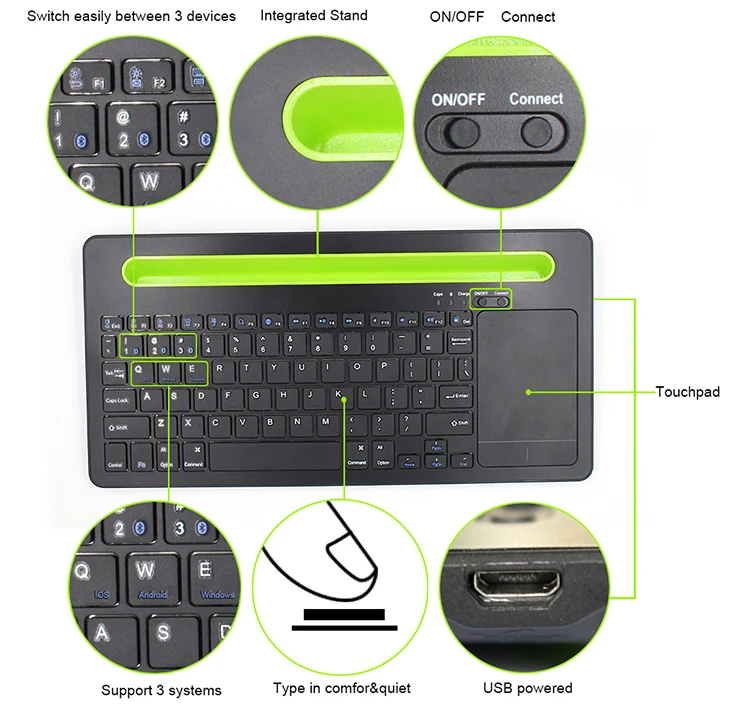 Awireless Customize Layout Qwerty Multi Device Keyboard Bluetooth Rachargable Trackpad Ergonomic Keyboard For Mobile Tablet
