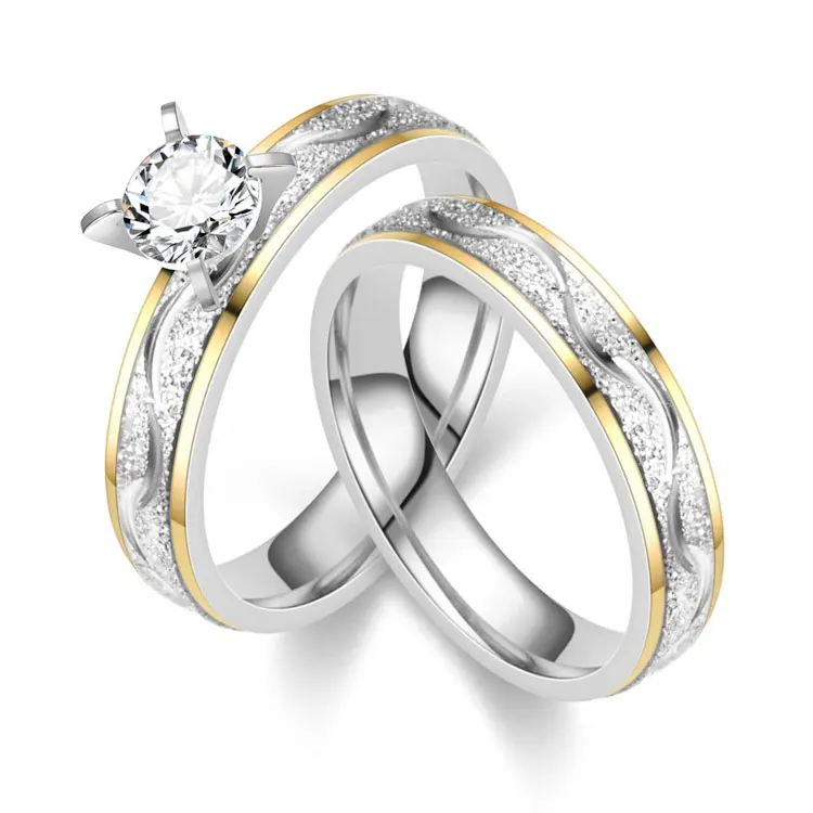 Fashion No Fade Two Tone Stainless Steel Couple Rings Set Luxury Sparkly Frosted Carved Wave Wedding Diamond Ring Gift for Lover