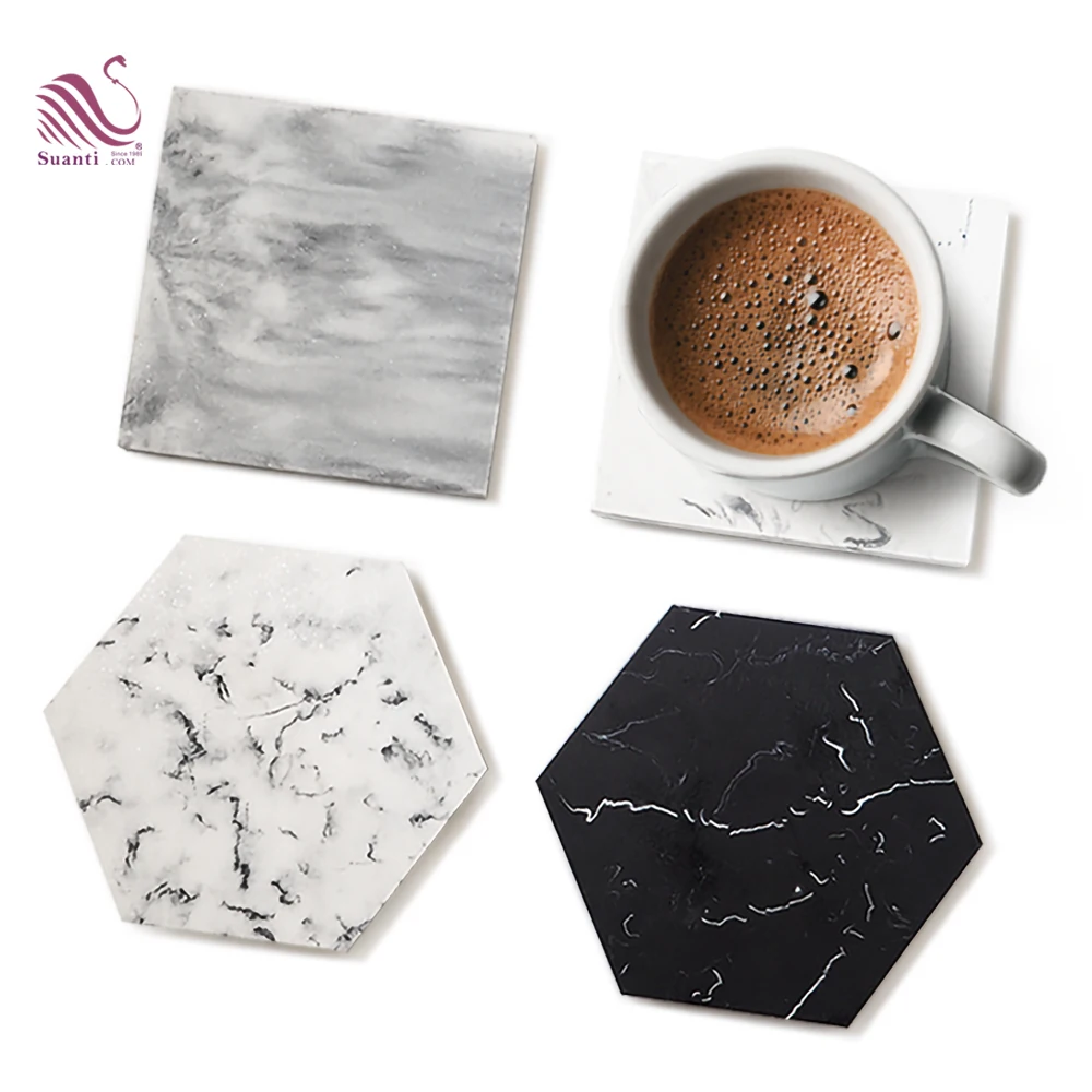 Suanti 4PCS custom polyersin swirl coaster table wine coffee cup mat tea drink hotel luxury resin marble coasters set