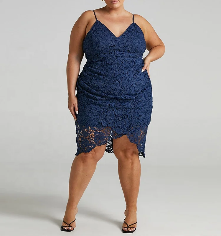 Plus Size Fat Elegant Dark Blue Women Evening Dresses Mother Of The Bride Clothing Party Overlay Lace Evening Dress.jpg