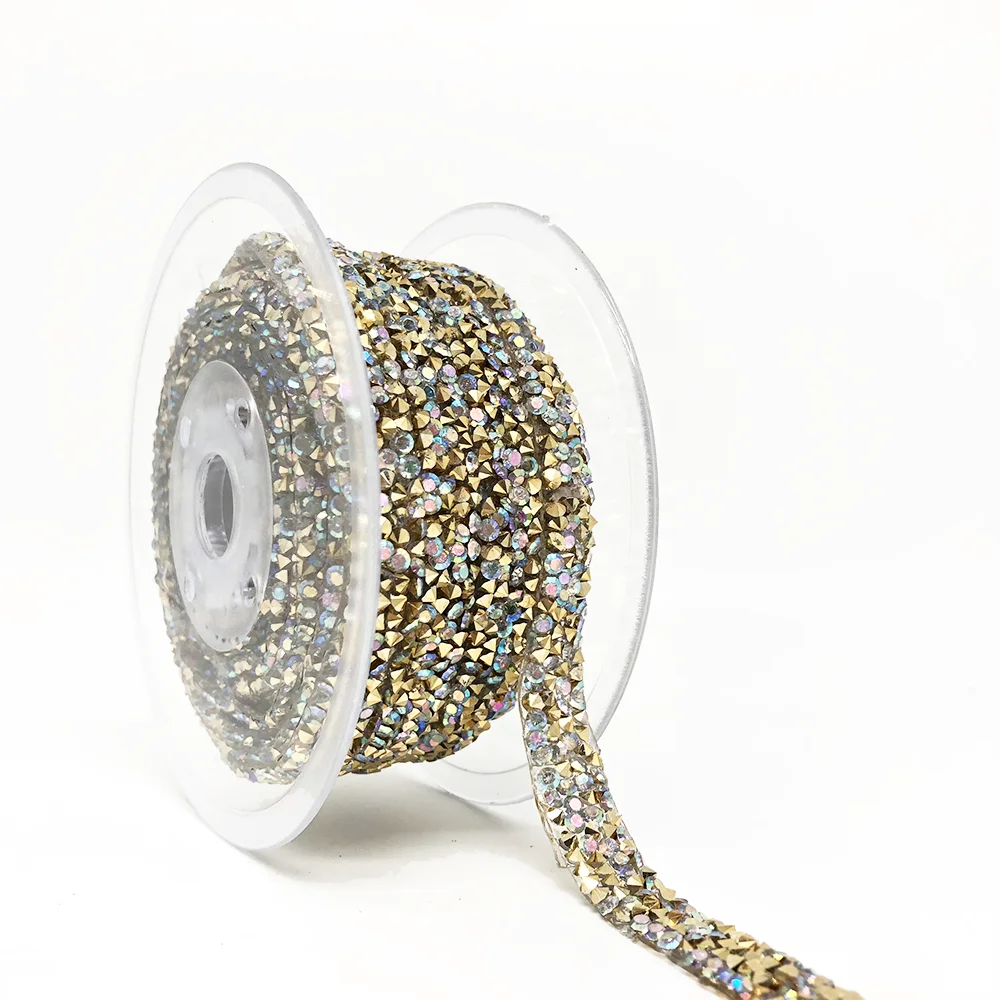 L076 1cm width iron on heat transfer hot fix crystal rock ribbon Gilded bottom crystal  resin rhinestone trimming tape for shoes