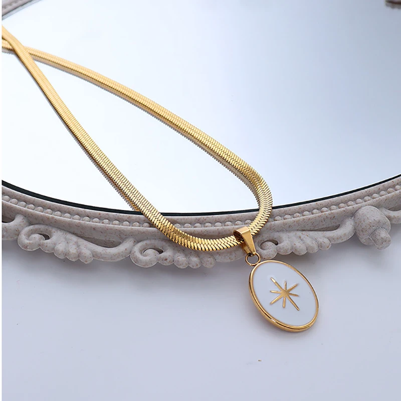 French Drip Oil Pendant Flat Snake Chain Octagonal Star Necklace, 18K Gold Plated Pendant Collarbone Snake Chain Necklace