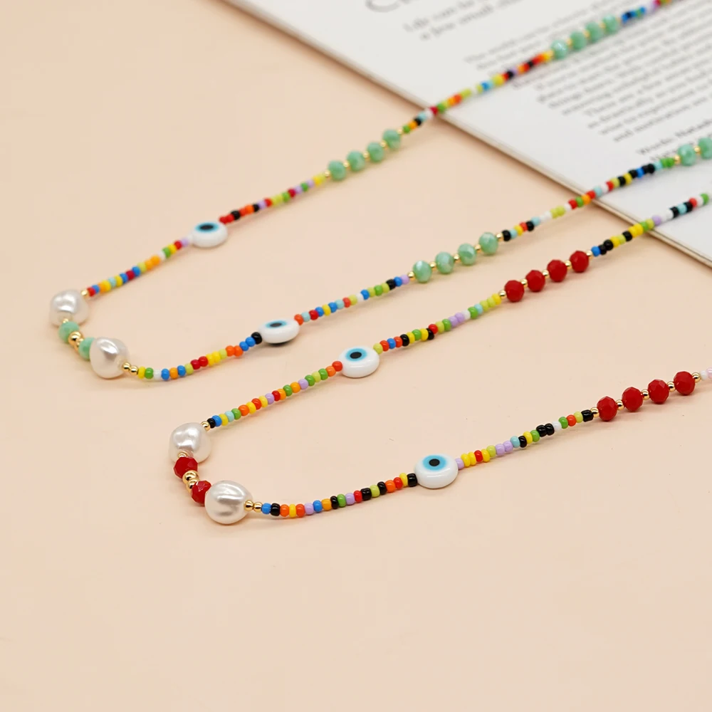Go2boho Wholesale Faux Pearl Link Chain Summer Coming Gifts Boho Rainbow Fashion Jewelry Dainty  Beaded Necklaces for Women