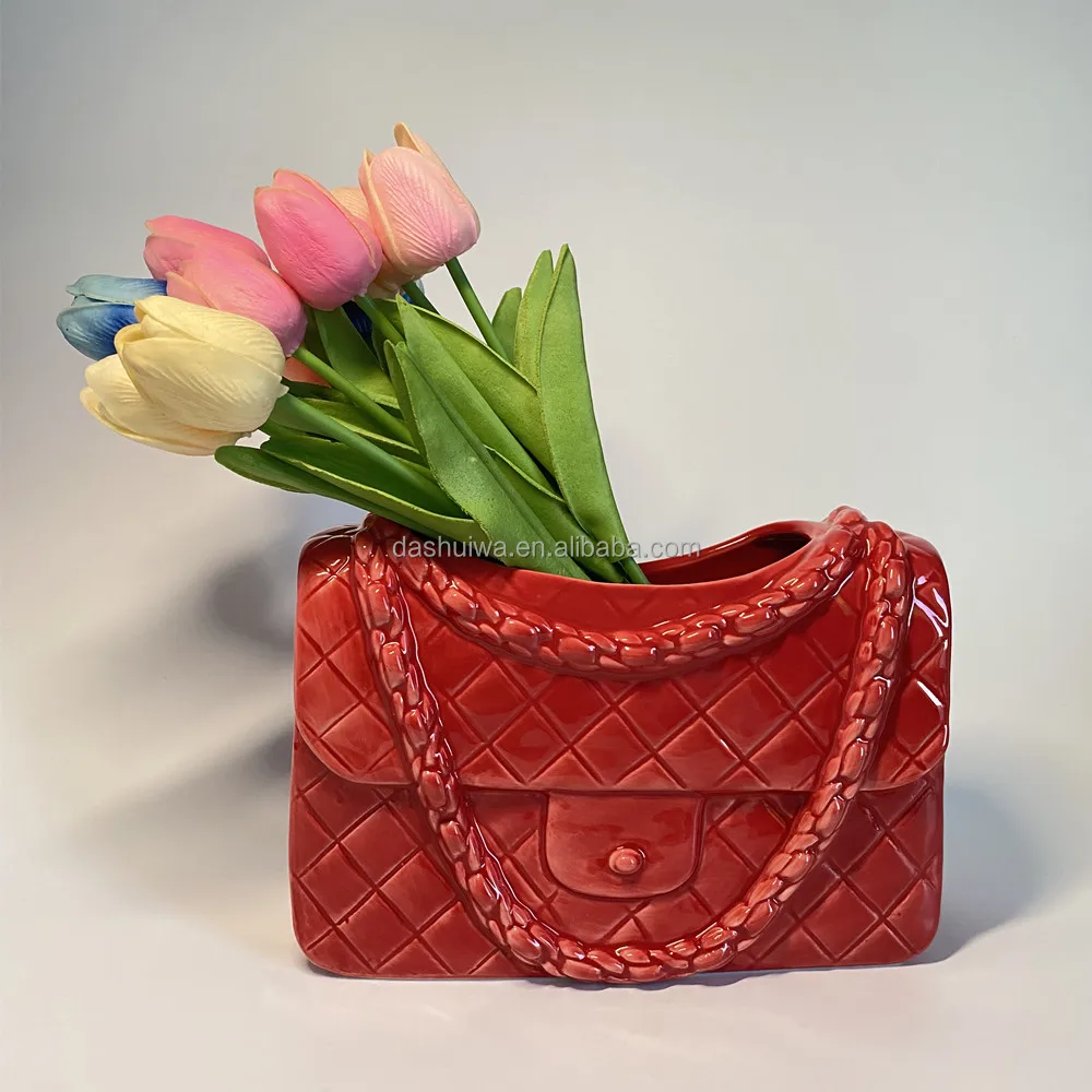 High quality creative ceramic big large flower pot  purse vases Handbag beautiful home decoration for indoor Ceramic bag