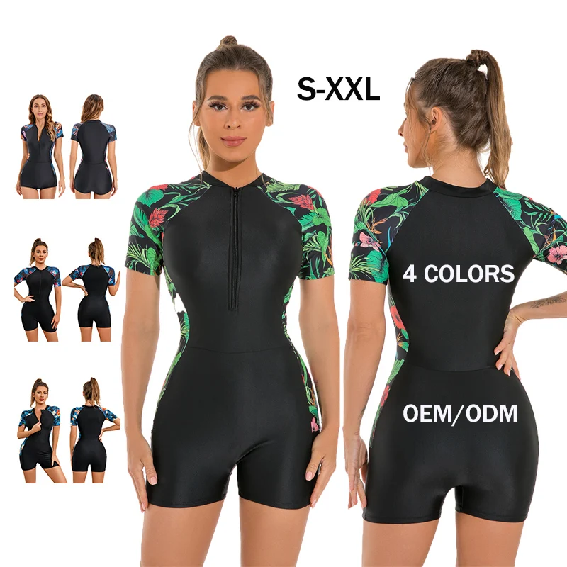 Plus Size Sporty Swimming Wetsuit Surfing Suit Quick Dry Sexy One Piece Swimwear Short Sleeve Swimsuit With Zipper