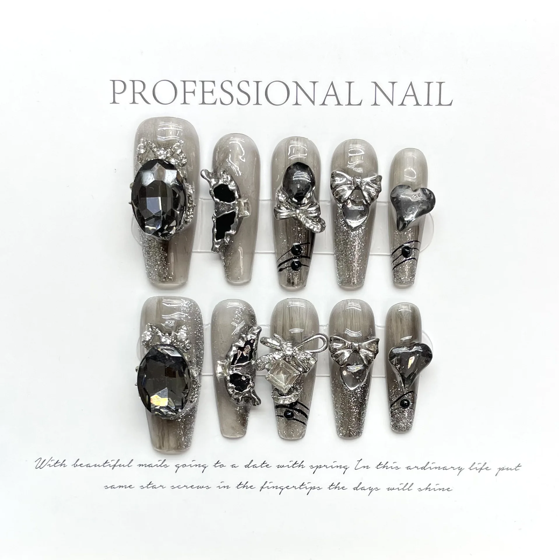 Handmade  Fake Nails Artificial Cat Eye Stylish Spider Skeleton 3D French Fashion Nail Set For Women and Girls