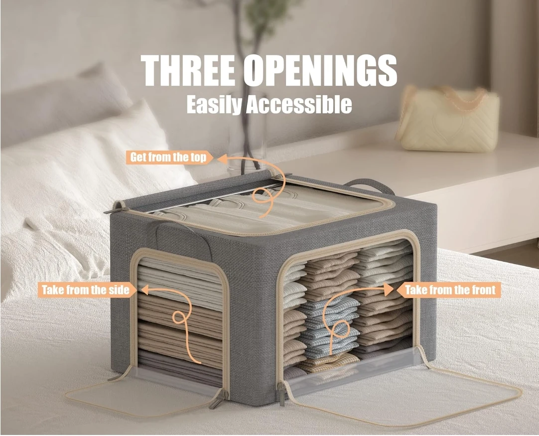 3 open clothing storage boxes with metal frames, foldable clothing storage boxes, and clothing storage boxes with lids