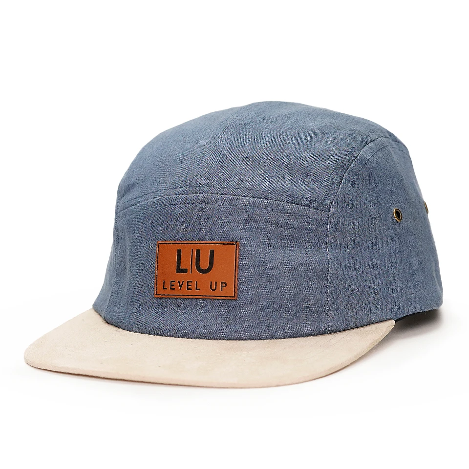 custom 5 panel camp cap unstructured denim leather-embossed applique suede visor hats