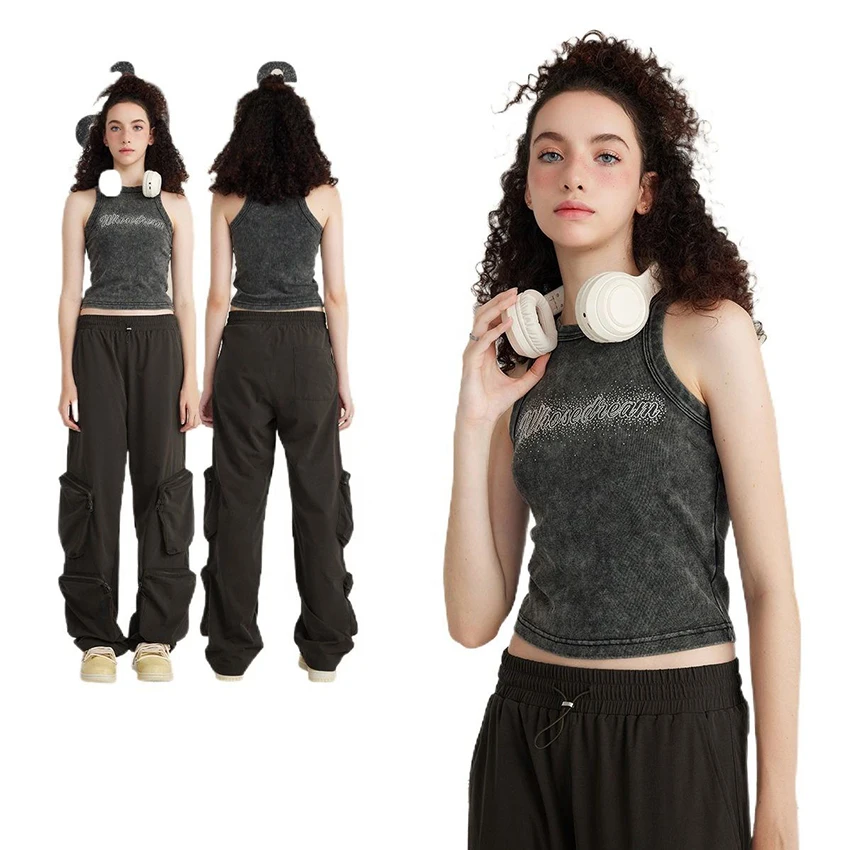 OEM Hot Custom Logo Summer Lady tank top rhinestones washed acid White Black Ribbed Crop Tank Top for Women