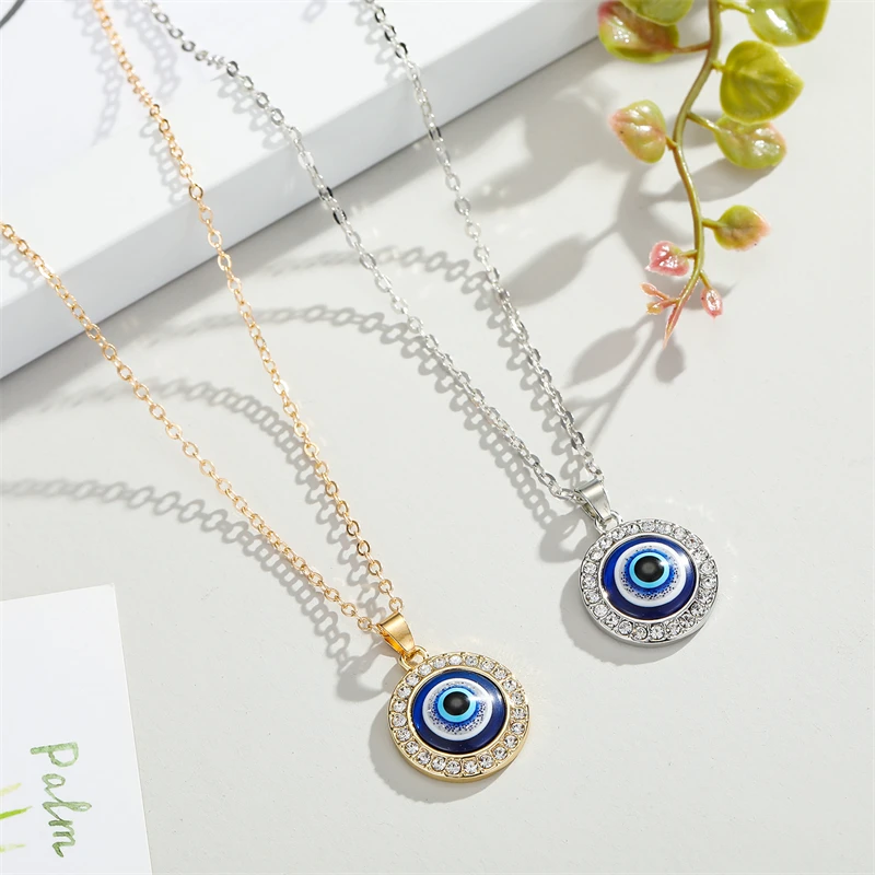 Wholesale Popular Silver Gold Plated Turkish Blue Eye Pendant Necklace Diamond Plated Evil Eyes Necklace for Women
