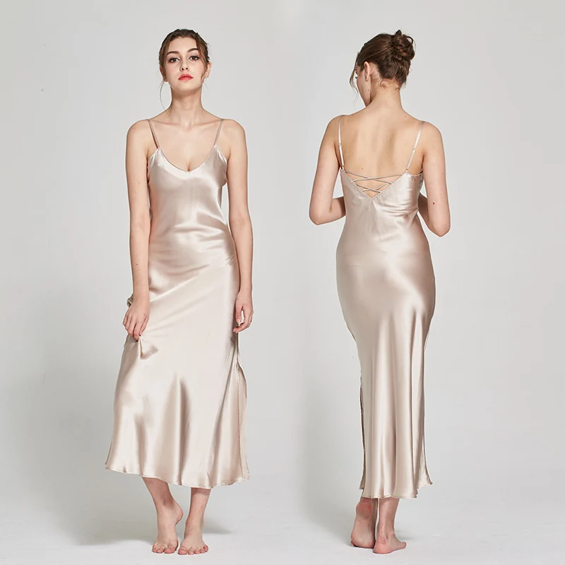 100 Silk Long Nightgown Back Cross Hollow Cording Trimmed  With Spaghetti Straps