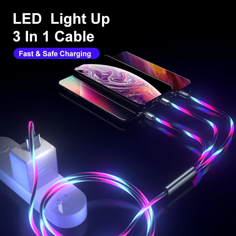 led flowing light Fast Charging 3 in 1 Micro Type c 3A Quick Charger Led Charging USB Cable